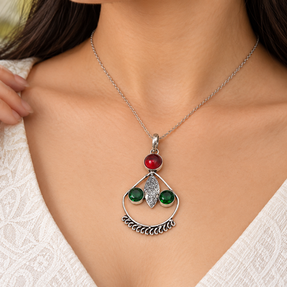 Red Green Gemstone Leaf Pendant Boho Silver Tone Jewelry PEN355-SLV-LGR-LCD03