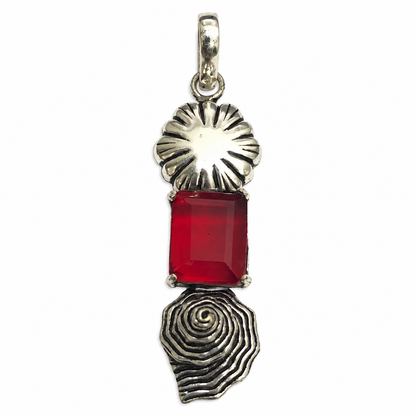 Red Gemstone Floral Pendant Statement Boho Silver Jewelry PEN356-SLV-LGR01