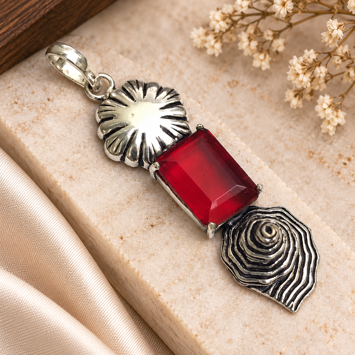 Red Gemstone Floral Pendant Statement Boho Silver Jewelry PEN356-SLV-LGR01