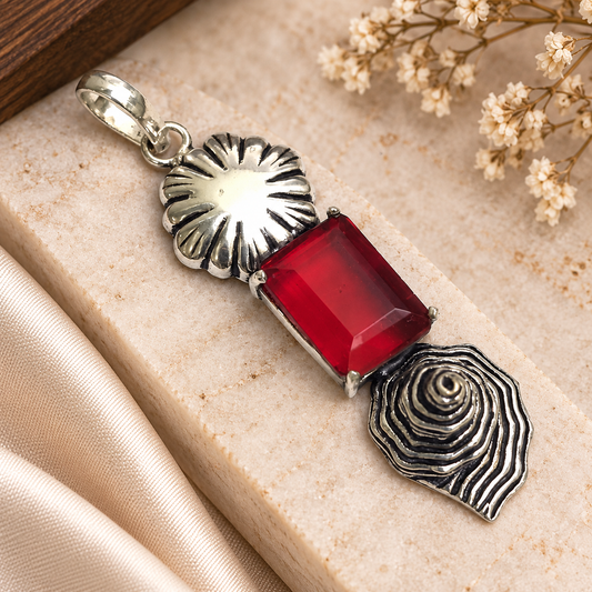 Red Gemstone Floral Pendant Statement Boho Silver Jewelry PEN356-SLV-LGR01