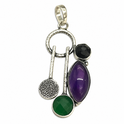 Amethyst Green Onyx Gemstone Pendant Boho Silver Jewelry PEN357-SLV-NAMT-LMUL03