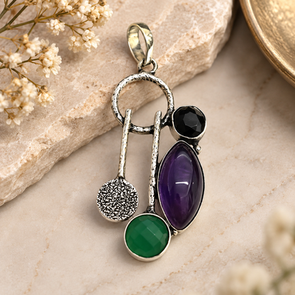 Amethyst Green Onyx Gemstone Pendant Boho Silver Jewelry PEN357-SLV-NAMT-LMUL03