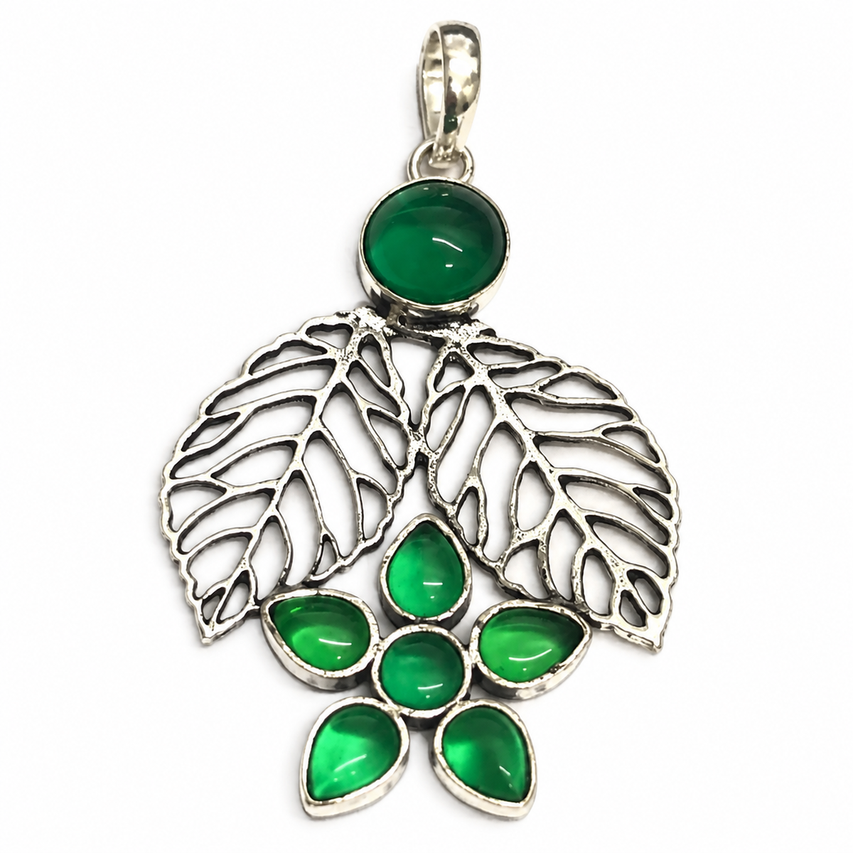 Green Gemstone Leaf Pendant Boho Botanical Silver Jewelry PEN358-SLV-LCD07