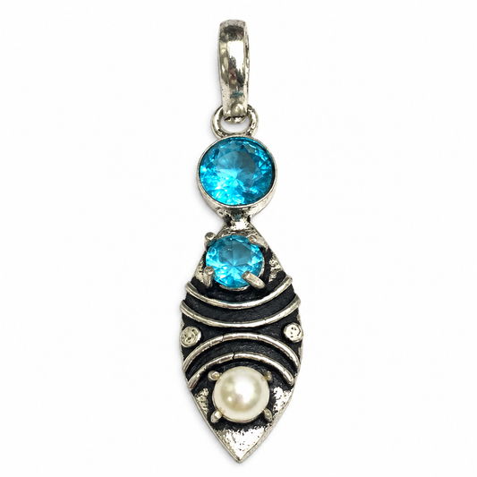 Blue Gemstone Pearl Leaf Pendant Boho Silver Tone Jewelry PEN359-SLV-LBT-LPRL03