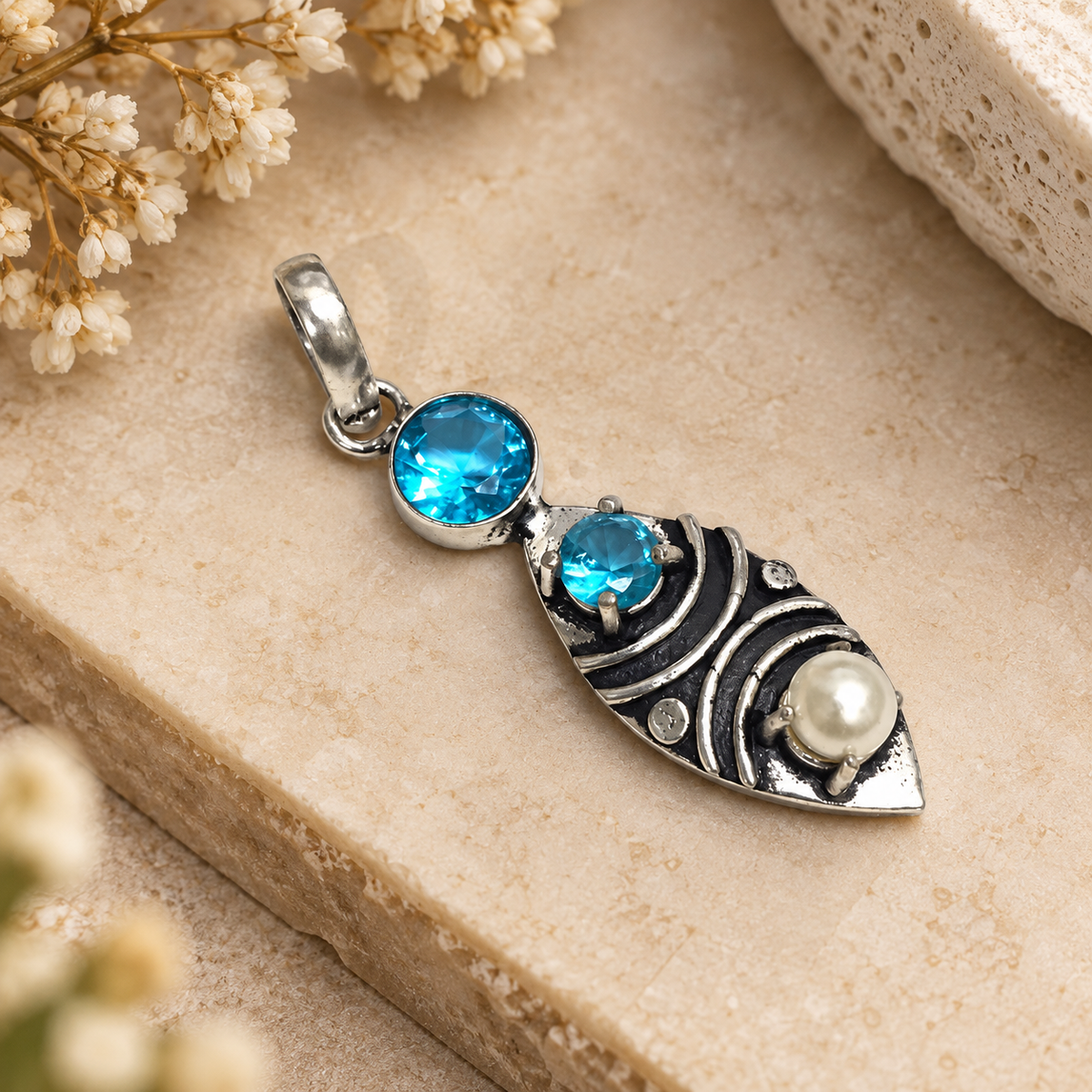 Blue Gemstone Pearl Leaf Pendant Boho Silver Tone Jewelry PEN359-SLV-LBT-LPRL03