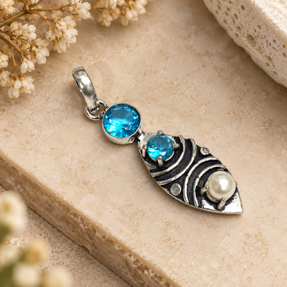 Blue Gemstone Pearl Leaf Pendant Boho Silver Tone Jewelry PEN359-SLV-LBT-LPRL03