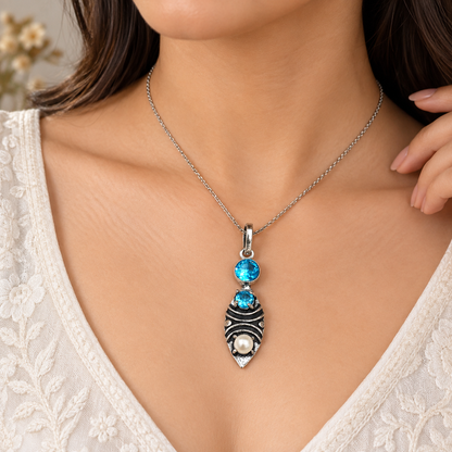 Blue Gemstone Pearl Leaf Pendant Boho Silver Tone Jewelry PEN359-SLV-LBT-LPRL03