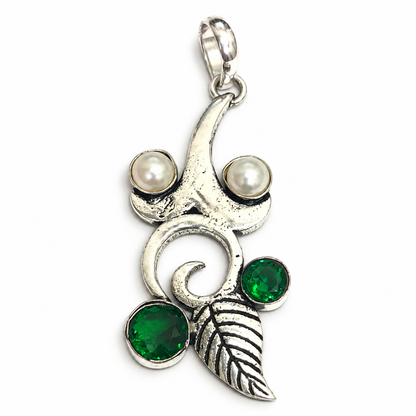 Green Gemstone Pearl Leaf Pendant Boho Botanical Jewelry PEN360-SLV-LCD-LPRL04