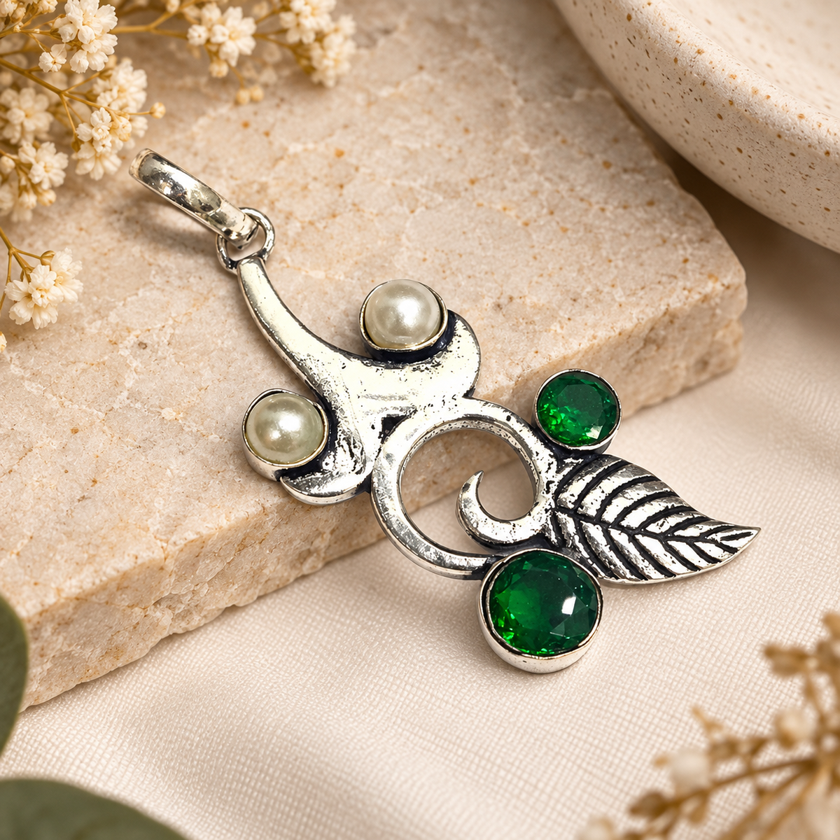 Green Gemstone Pearl Leaf Pendant Boho Botanical Jewelry PEN360-SLV-LCD-LPRL04