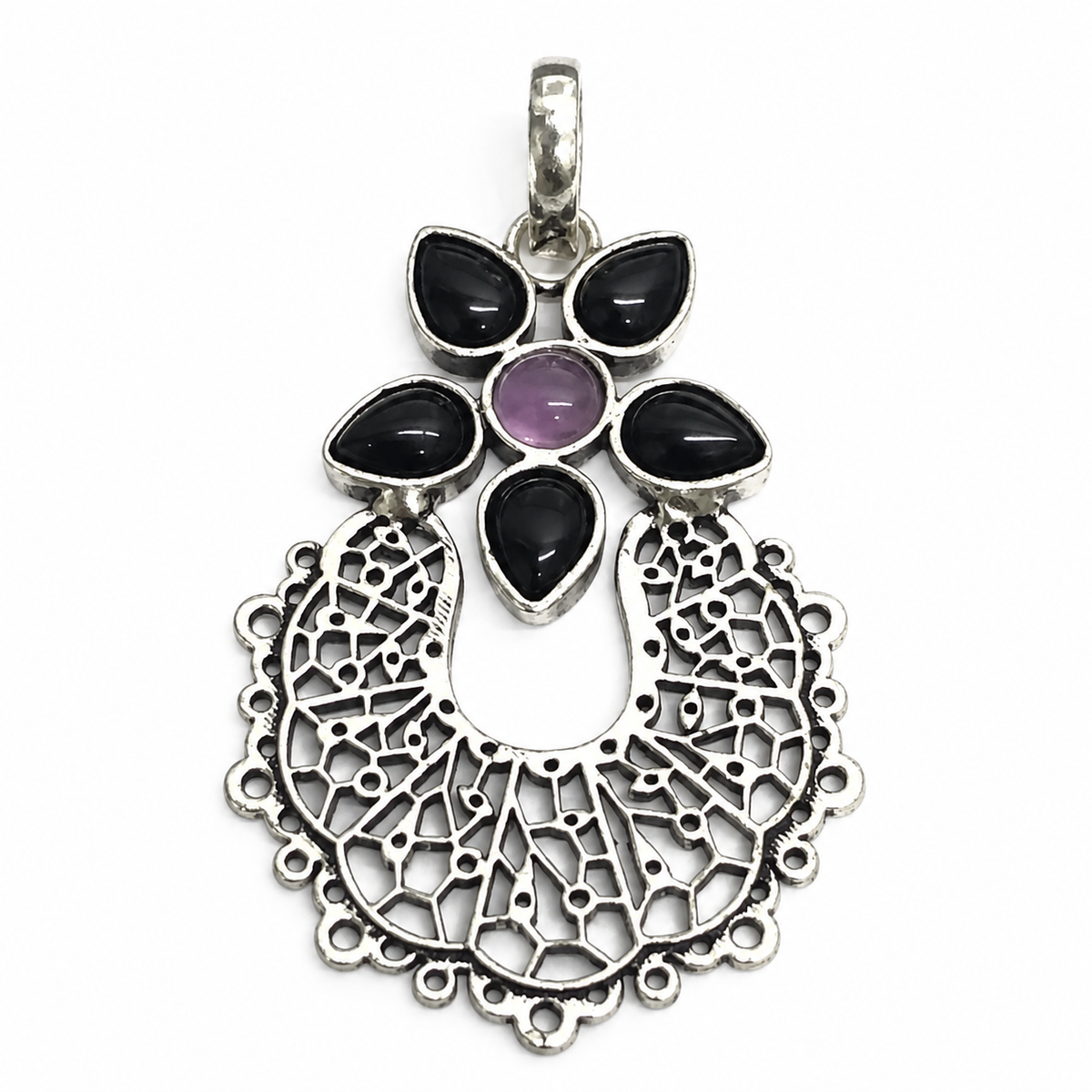 Black Onyx Amethyst Floral Pendant Boho Silver Tone Jewelry PEN361-SLV-LBO-LAMT06
