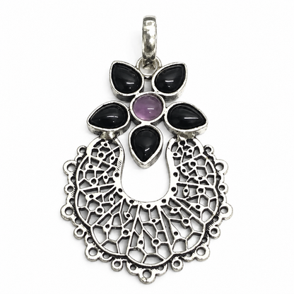 Black Onyx Amethyst Floral Pendant Boho Silver Tone Jewelry PEN361-SLV-LBO-LAMT06