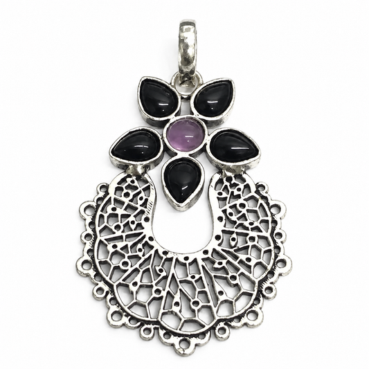 Black Onyx Amethyst Floral Pendant Boho Silver Tone Jewelry PEN361-SLV-LBO-LAMT06