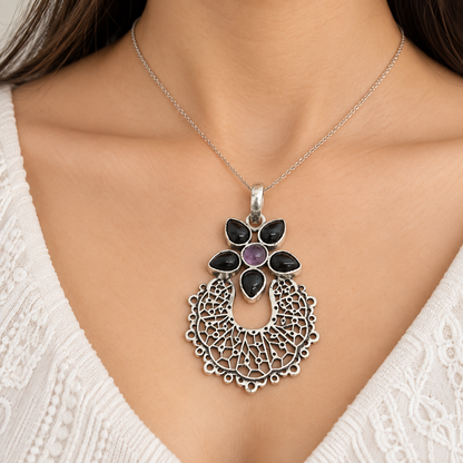 Black Onyx Amethyst Floral Pendant Boho Silver Tone Jewelry PEN361-SLV-LBO-LAMT06