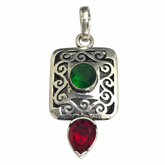 Green Red Gemstone Ornate Pendant Boho Vintage Silver Jewelry PEN362-SLV-LGR-LCD02