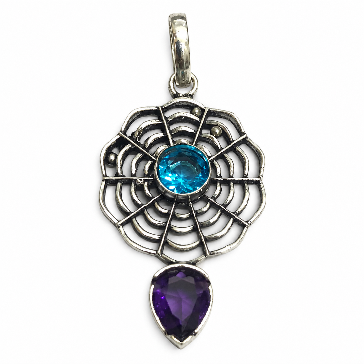 Blue Purple Gemstone Web Pendant Boho Statement Jewelry PEN363-SLV-LBT-LAMT02