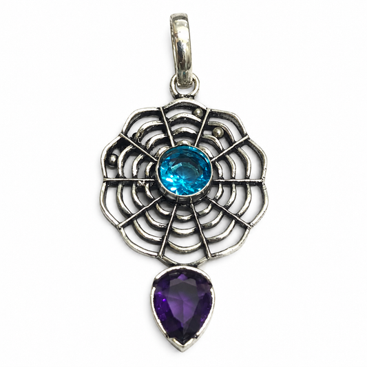 Blue Purple Gemstone Web Pendant Boho Statement Jewelry PEN363-SLV-LBT-LAMT02
