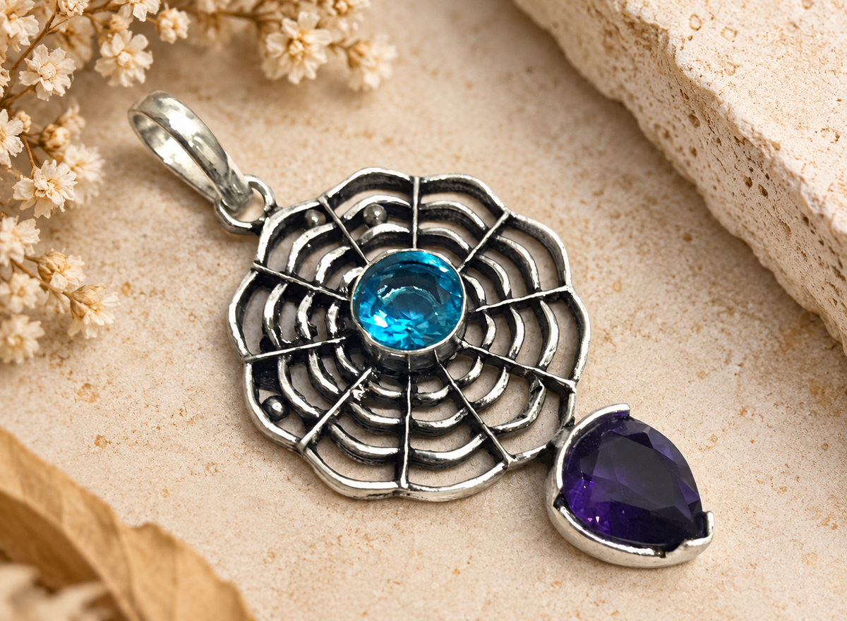 Blue Purple Gemstone Web Pendant Boho Statement Jewelry PEN363-SLV-LBT-LAMT02