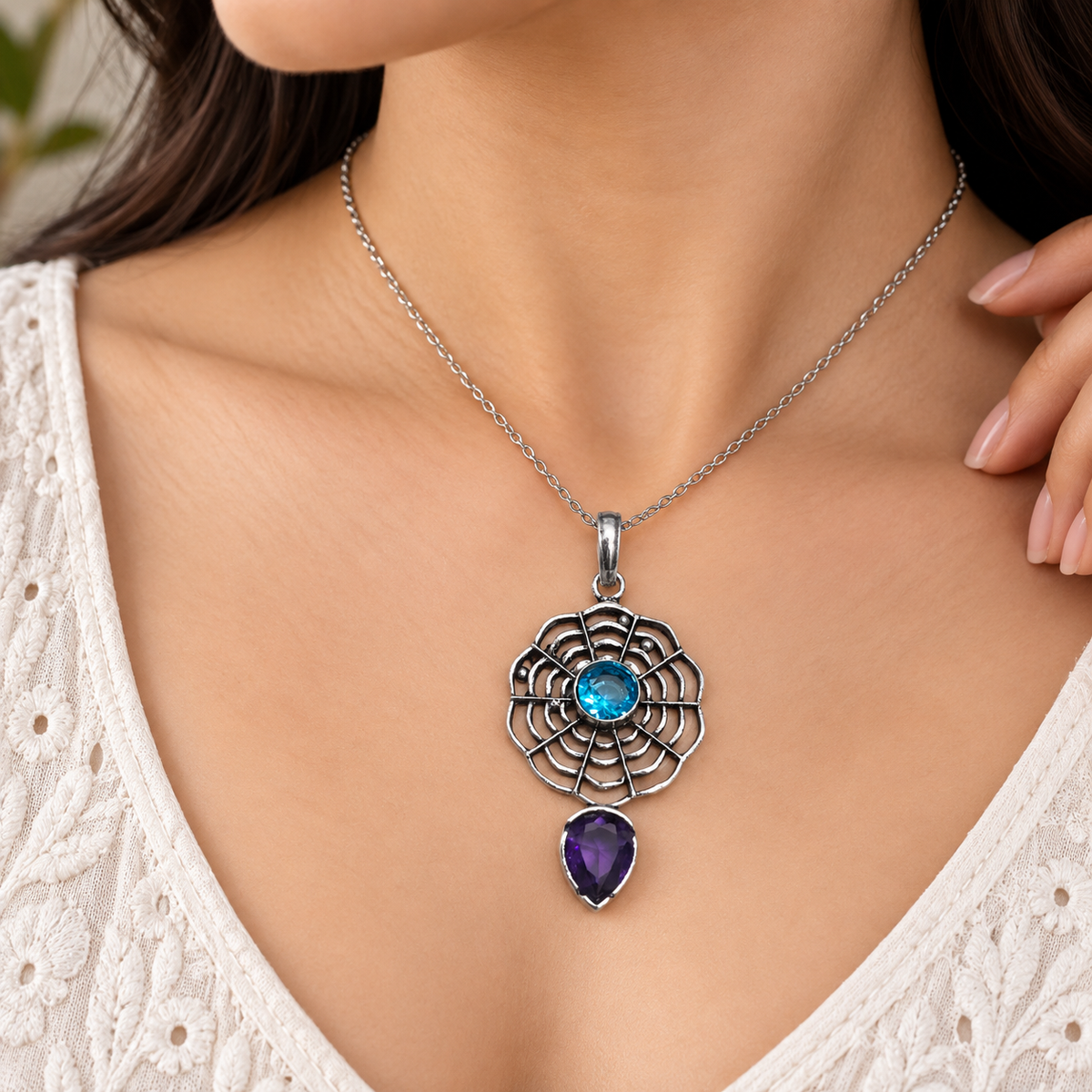 Blue Purple Gemstone Web Pendant Boho Statement Jewelry PEN363-SLV-LBT-LAMT02