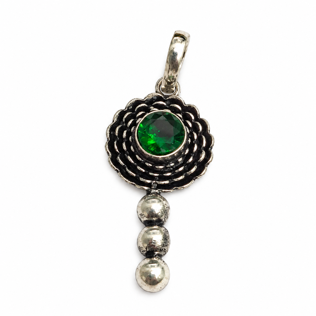 Green Gemstone Floral Pendant Boho Vintage Silver Jewelry PEN364-SLV-LCD01