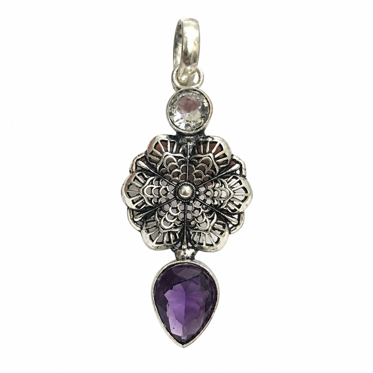Amethyst Floral Pendant Purple Gemstone Boho Silver Jewelry PEN365-SLV-LAMT-LCQ02