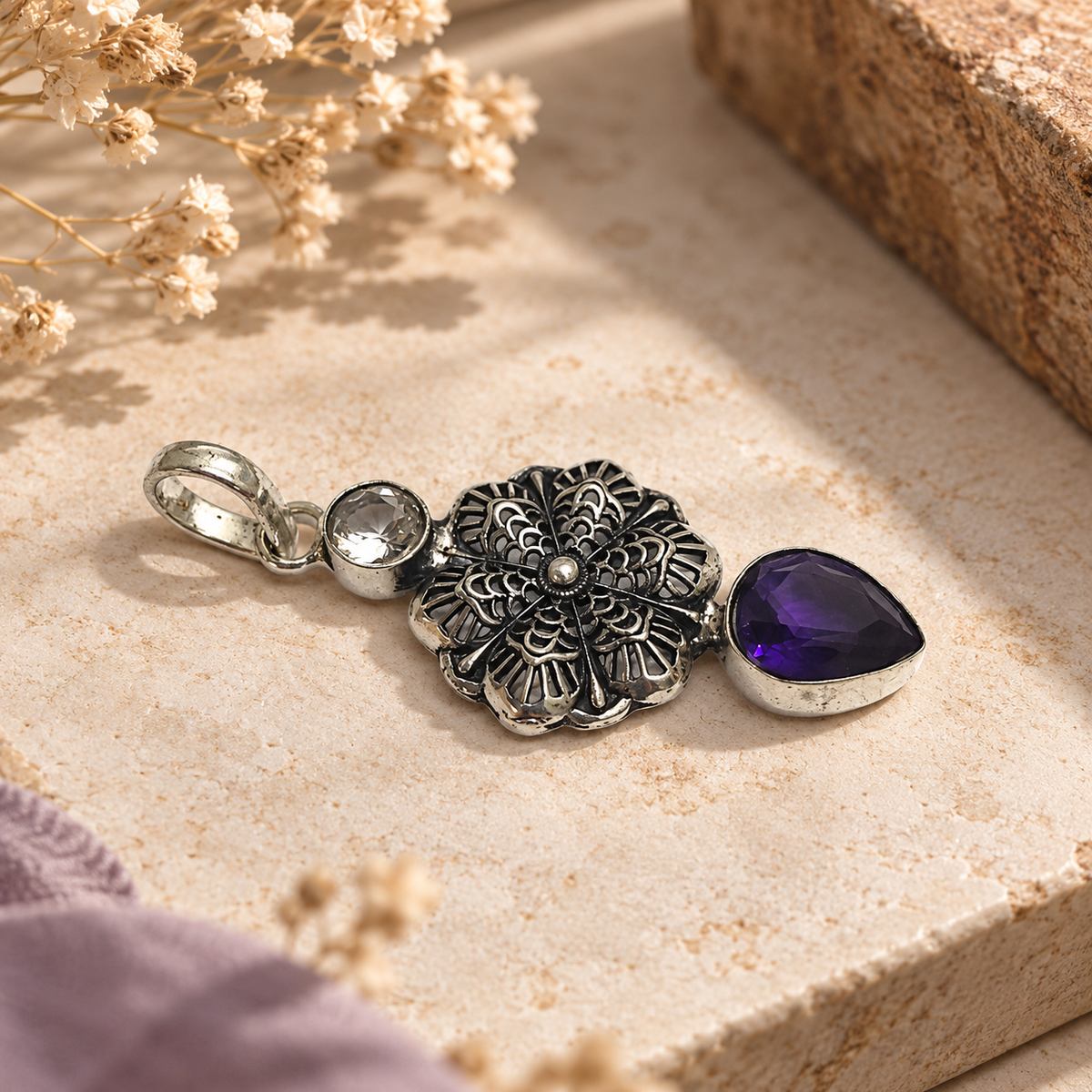 Amethyst Floral Pendant Purple Gemstone Boho Silver Jewelry PEN365-SLV-LAMT-LCQ02