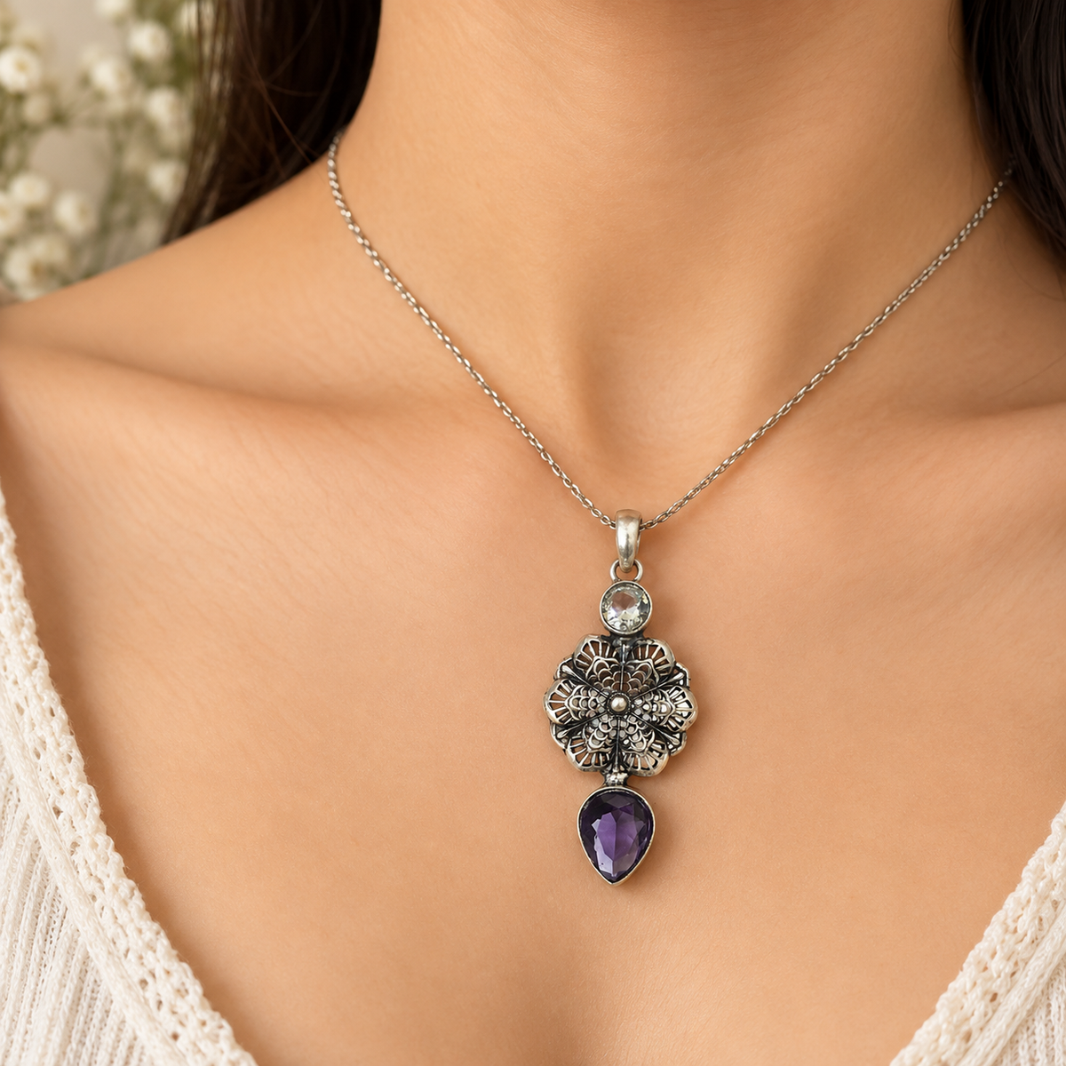 Amethyst Floral Pendant Purple Gemstone Boho Silver Jewelry PEN365-SLV-LAMT-LCQ02