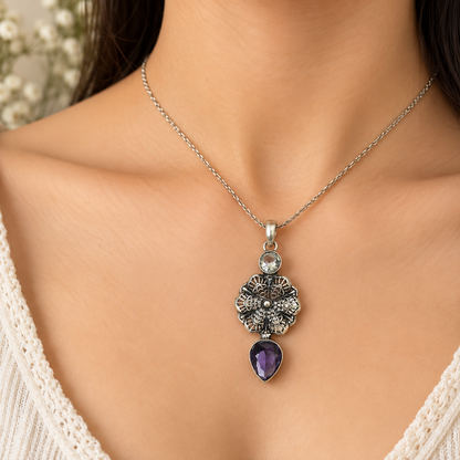 Amethyst Floral Pendant Purple Gemstone Boho Silver Jewelry PEN365-SLV-LAMT-LCQ02