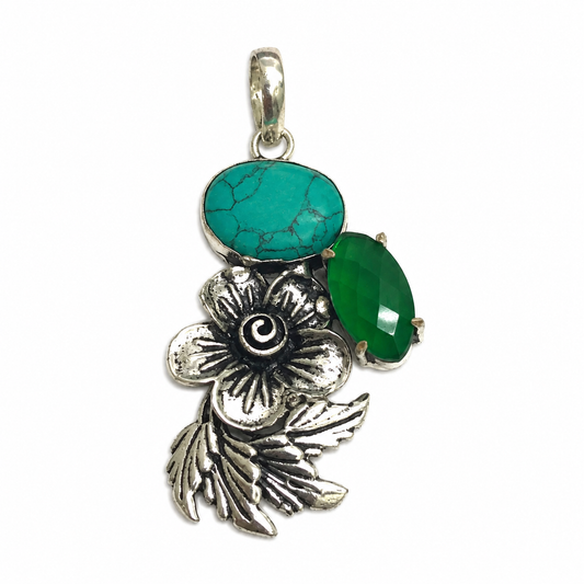 Turquoise Green Gemstone Floral Leaf Pendant Boho Jewelry PEN366-SLV-LTQS-LCD02