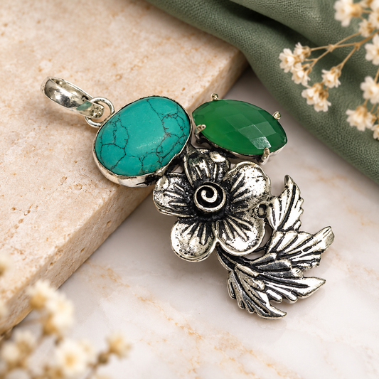 Turquoise Green Gemstone Floral Leaf Pendant Boho Jewelry PEN366-SLV-LTQS-LCD02