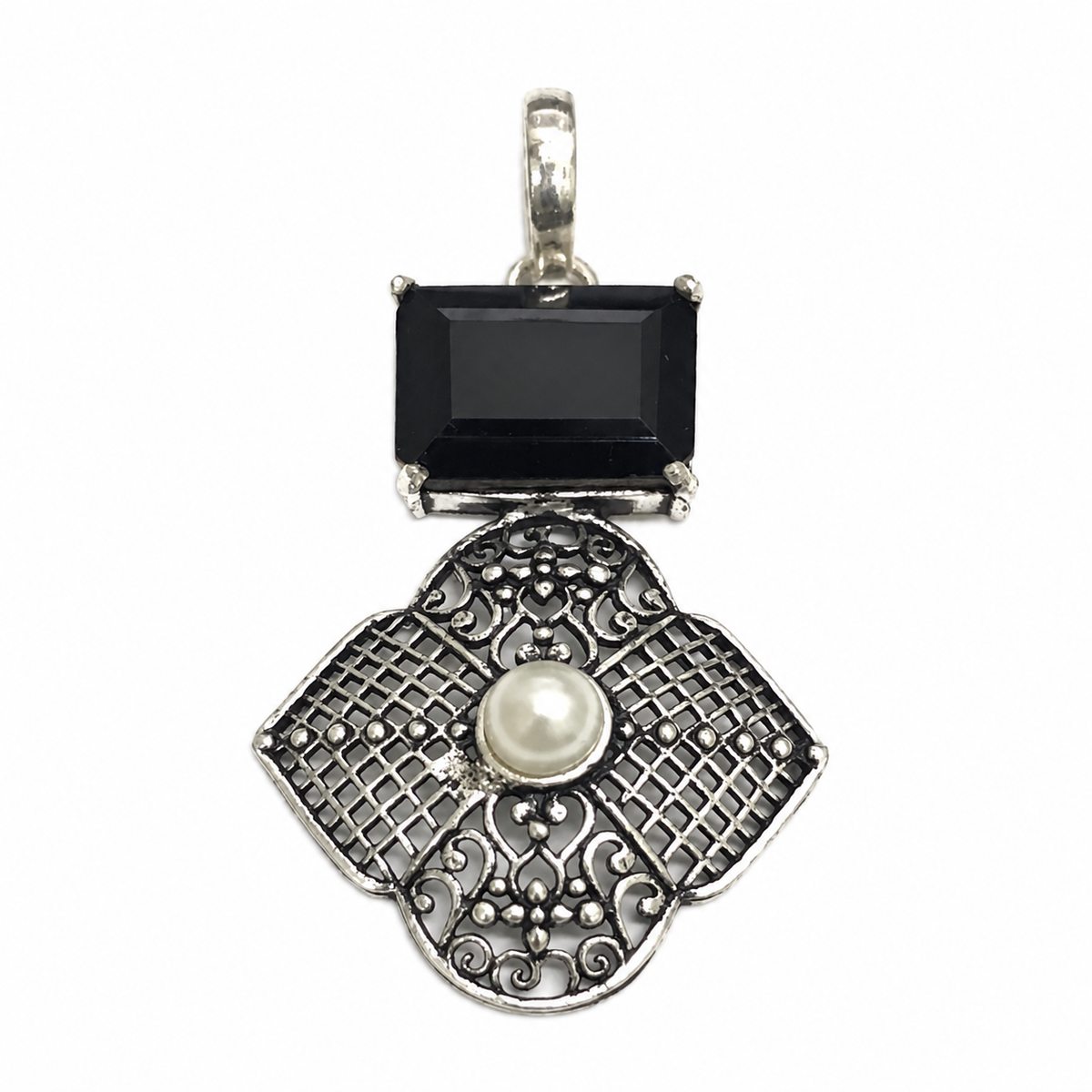 Black Gemstone Pearl Pendant Ornate Boho Silver Jewelry PEN367-SLV-LBO-LPRL02