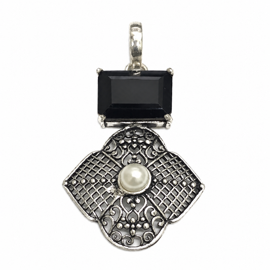 Black Gemstone Pearl Pendant Ornate Boho Silver Jewelry PEN367-SLV-LBO-LPRL02