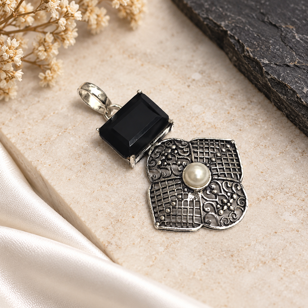 Black Gemstone Pearl Pendant Ornate Boho Silver Jewelry PEN367-SLV-LBO-LPRL02
