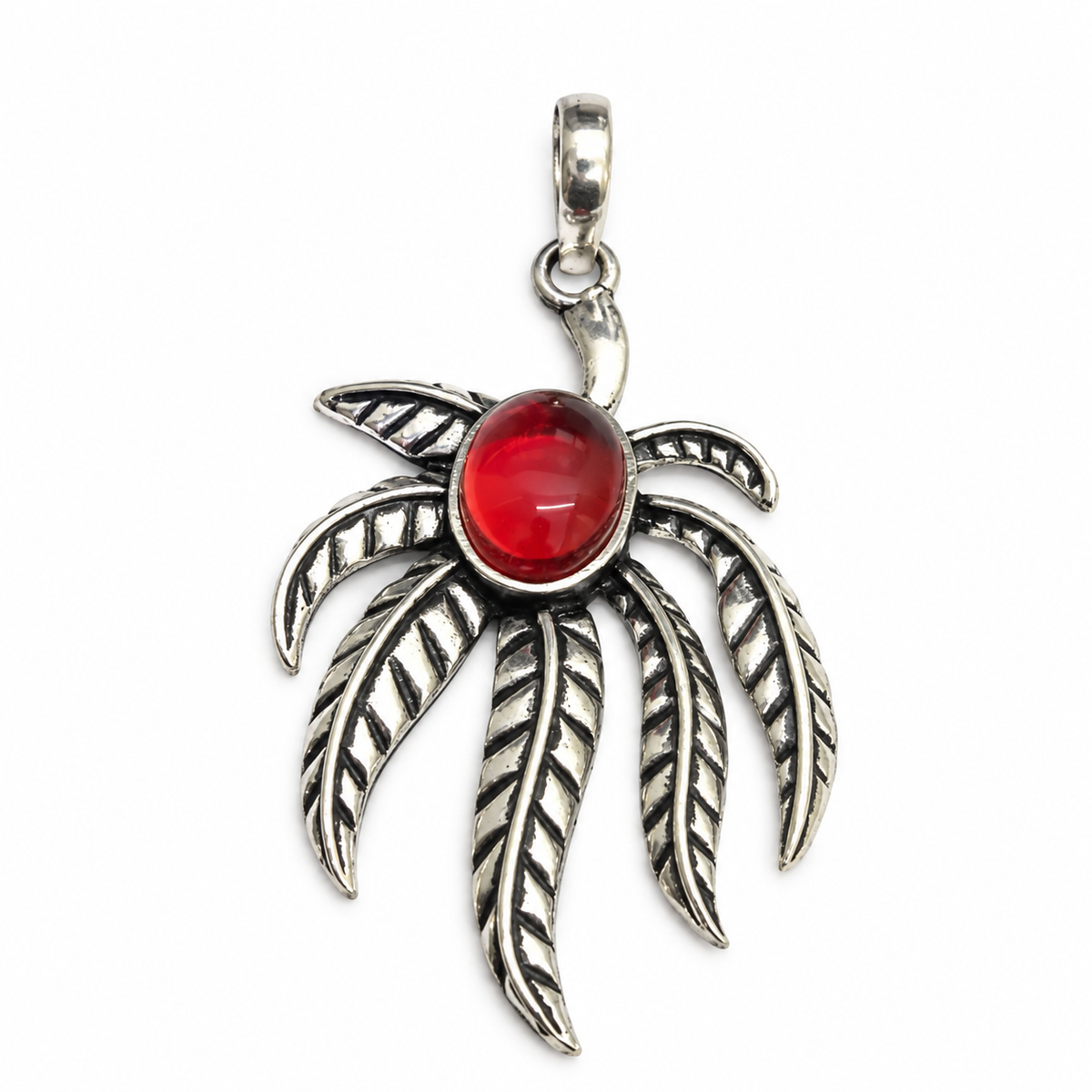 Red Gemstone Leaf Pendant Boho Botanical Silver Tone Jewelry PEN369-SLV-LGR01