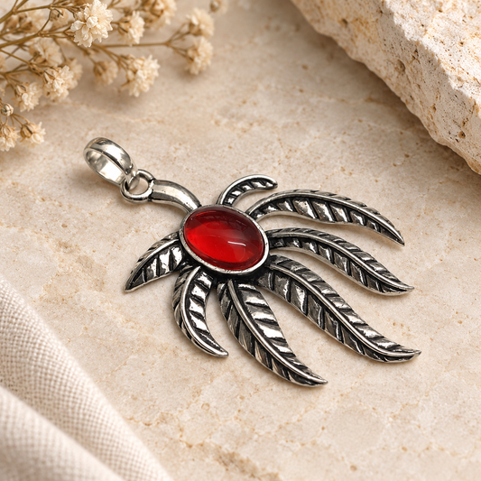 Red Gemstone Leaf Pendant Boho Botanical Silver Tone Jewelry PEN369-SLV-LGR01