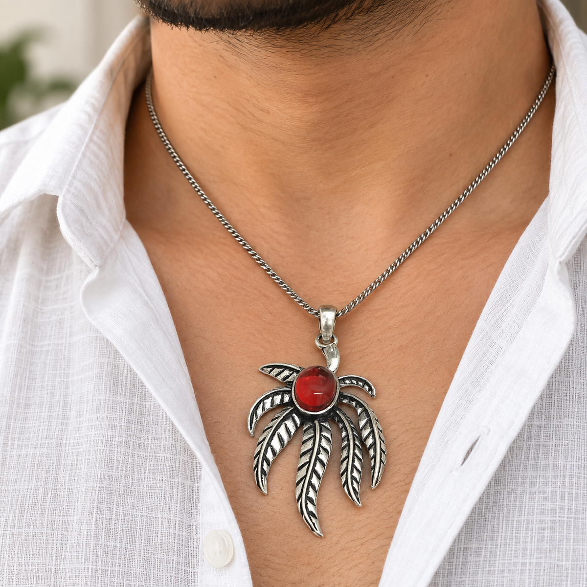Red Gemstone Leaf Pendant Boho Botanical Silver Tone Jewelry PEN369-SLV-LGR01