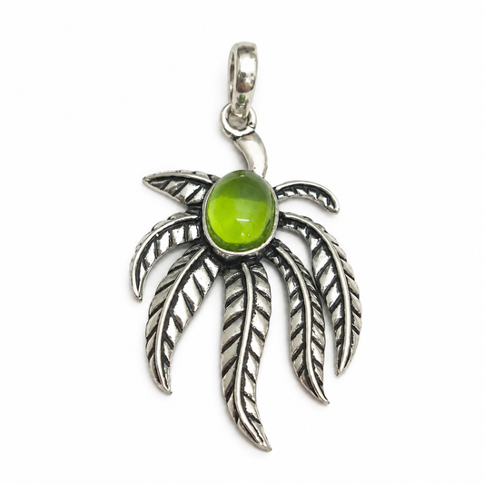 Green Gemstone Leaf Pendant Boho Botanical Silver Tone Jewelry PEN370-SLV-LPD01