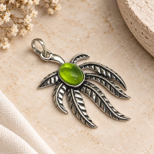 Green Gemstone Leaf Pendant Boho Botanical Silver Tone Jewelry PEN370-SLV-LPD01