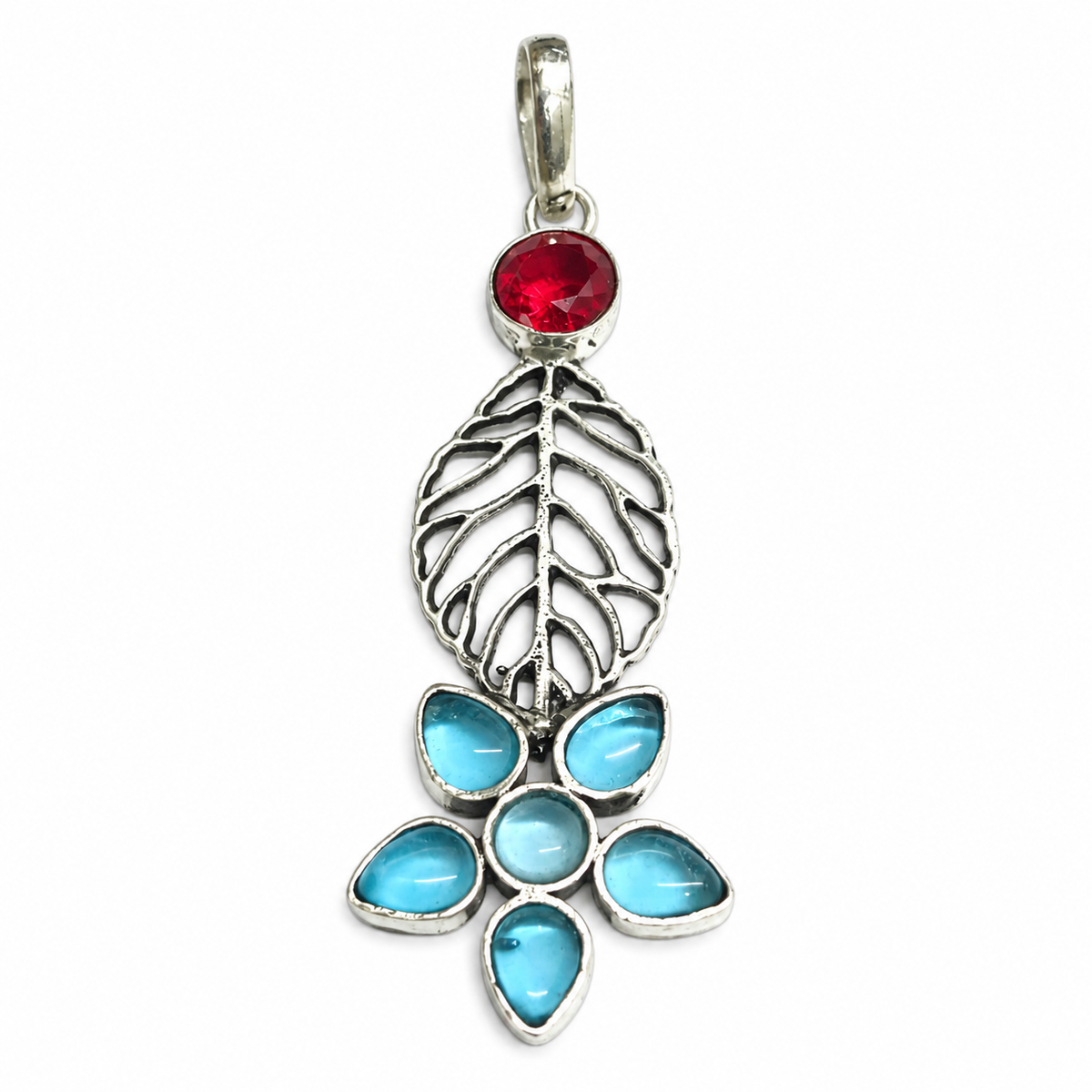 Red Blue Gemstone Leaf Floral Pendant Boho Silver Jewelry PEN371-SLV-LBT-LGR07