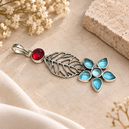 Red Blue Gemstone Leaf Floral Pendant Boho Silver Jewelry PEN371-SLV-LBT-LGR07