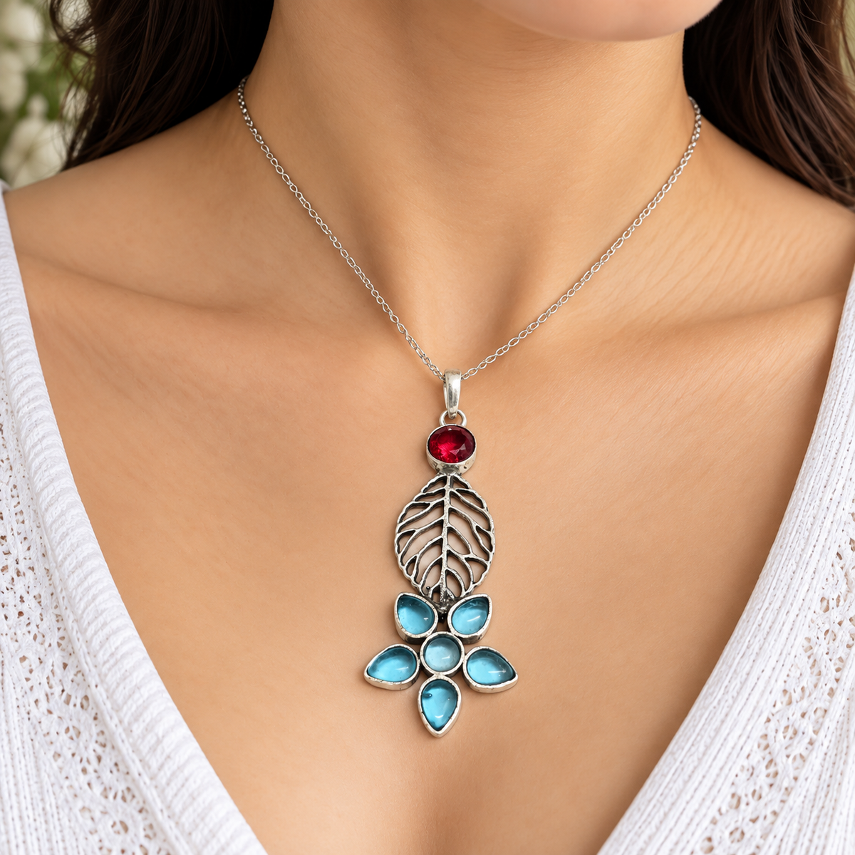 Red Blue Gemstone Leaf Floral Pendant Boho Silver Jewelry PEN371-SLV-LBT-LGR07