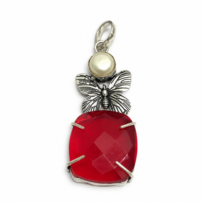 Red Gemstone Pearl Butterfly Pendant Boho Silver Jewelry PEN372-SLV-LGR-LPRL02