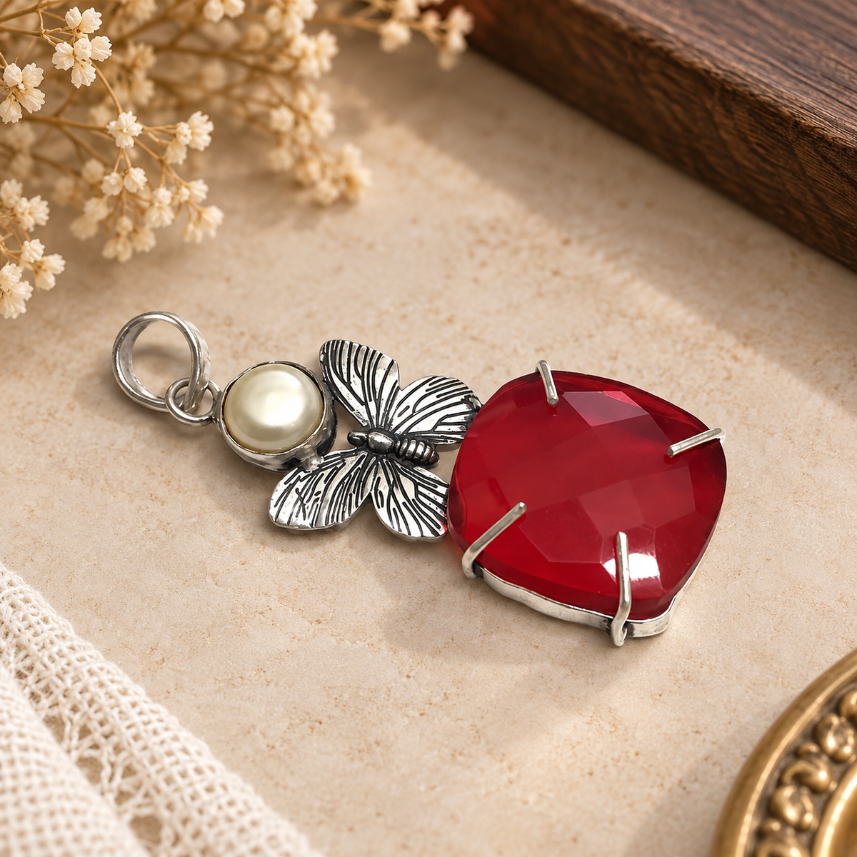 Red Gemstone Pearl Butterfly Pendant Boho Silver Jewelry PEN372-SLV-LGR-LPRL02