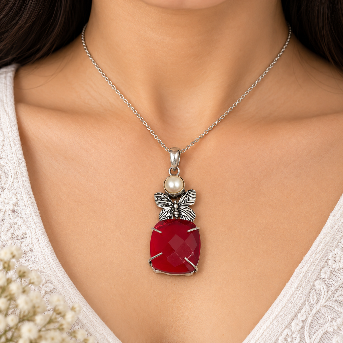 Red Gemstone Pearl Butterfly Pendant Boho Silver Jewelry PEN372-SLV-LGR-LPRL02