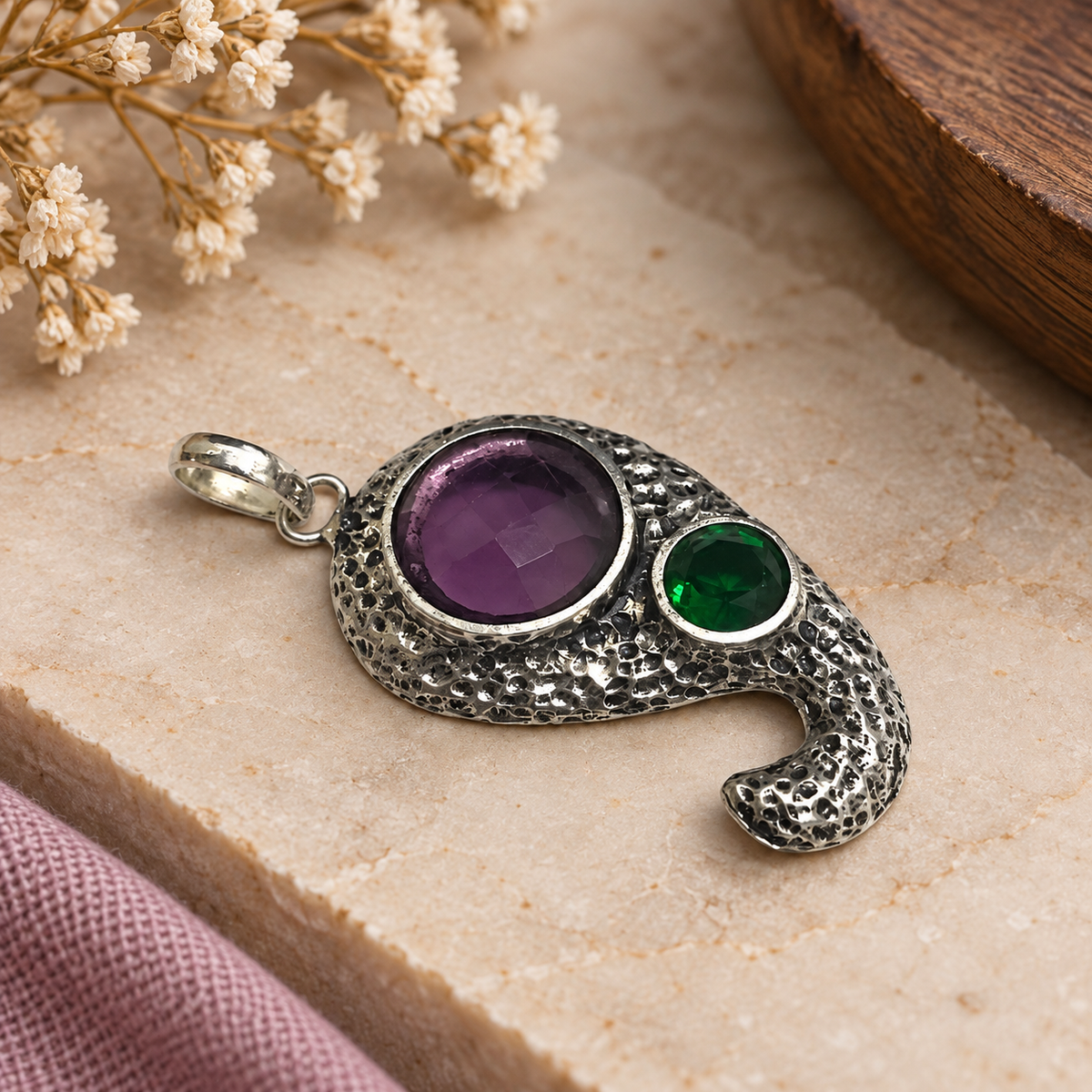Amethyst Green Gemstone Abstract Pendant Boho Silver Jewelry PEN373-SLV-LAMT-LCD02
