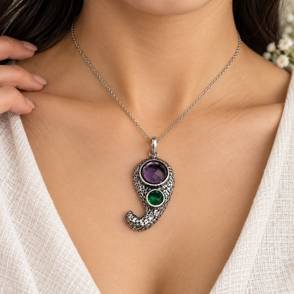 Amethyst Green Gemstone Abstract Pendant Boho Silver Jewelry PEN373-SLV-LAMT-LCD02