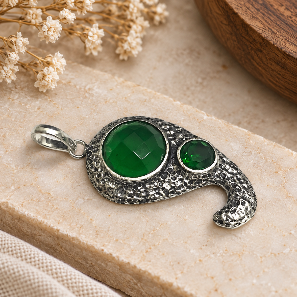 Green Gemstone Abstract Pendant Boho Silver Statement Jewelry PEN373-SLV-LCD02