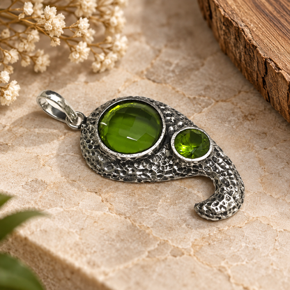 Green Peridot Gemstone Abstract Pendant Boho Silver Jewelry PEN373-SLV-LPD02