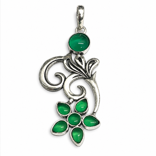 Green Agate Floral Pendant Boho Nature Inspired Silver Jewelry PEN374-SLV-LCD07