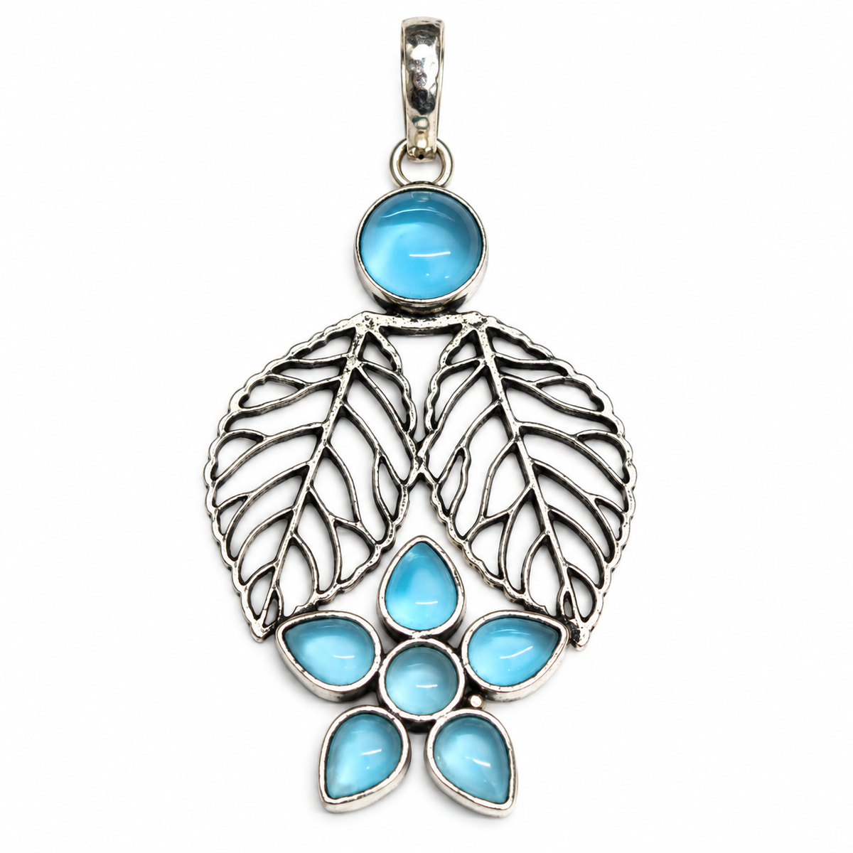 Blue Topaz Leaf Pendant, Floral Statement Boho Jewelry PEN376-SLV-LBT07