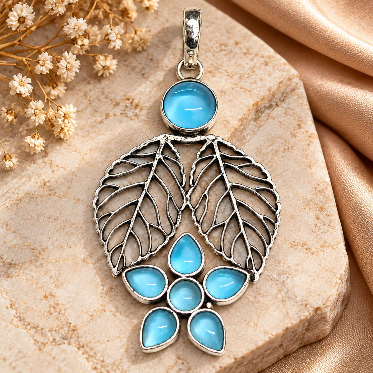 Blue Topaz Leaf Pendant, Floral Statement Boho Jewelry PEN376-SLV-LBT07
